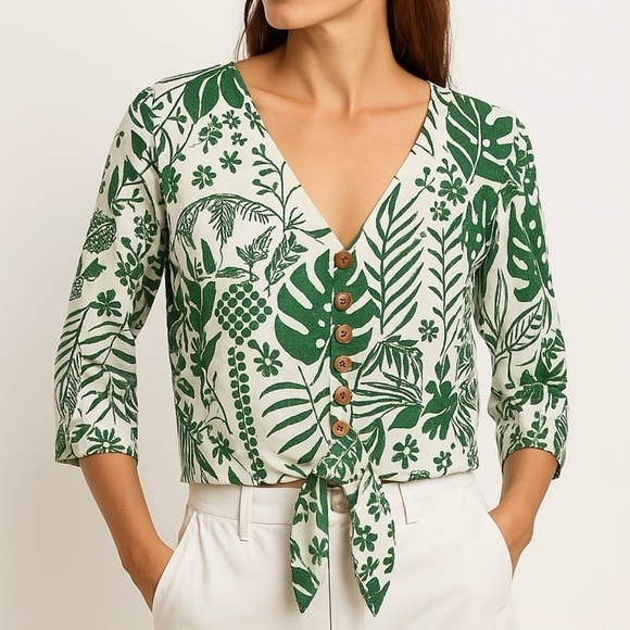 Maison D’Amelie Tops - Maison d'Amélie Anthropology Blouse Linen 3/4 Sleeve Boho Resort Green/White L